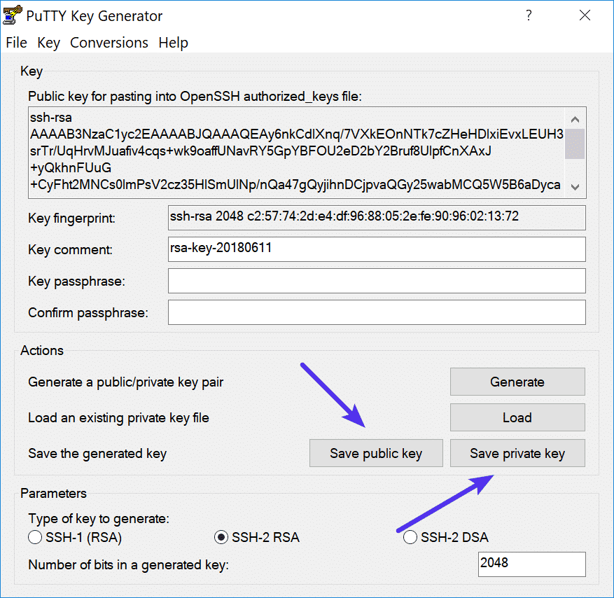 Guarda las claves pública y privada del Generador de Claves PuTTY.