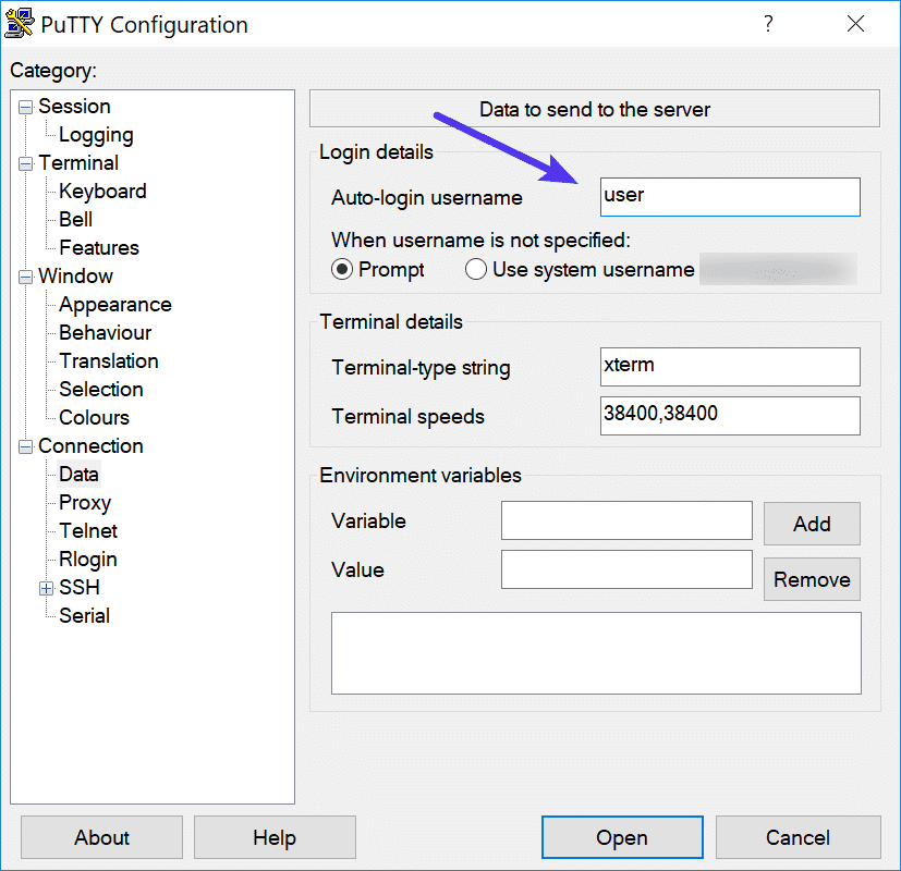 Nombre de usuario de inicio de sesión automático SSH en PuTTY.