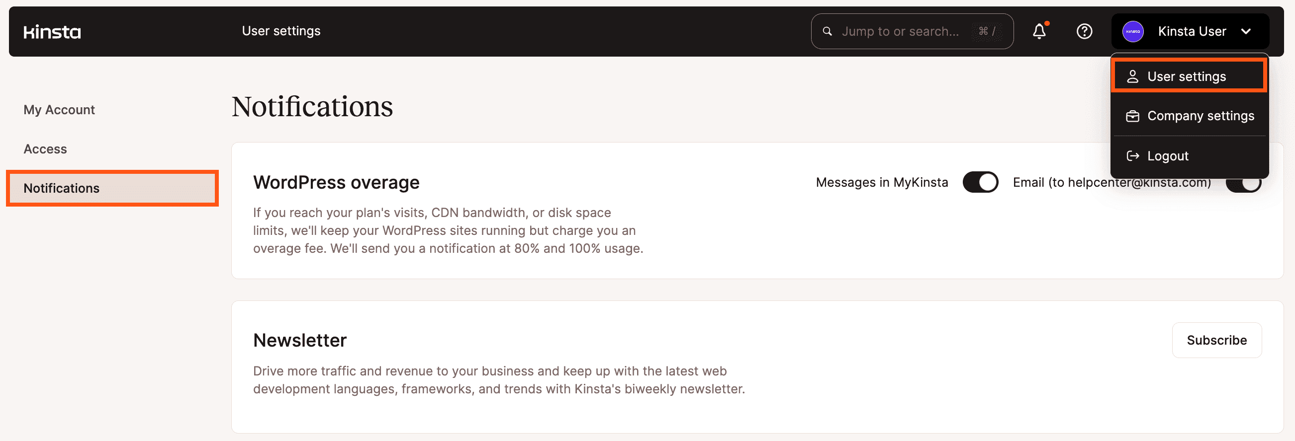 Configuración de notificaciones en MyKinsta.