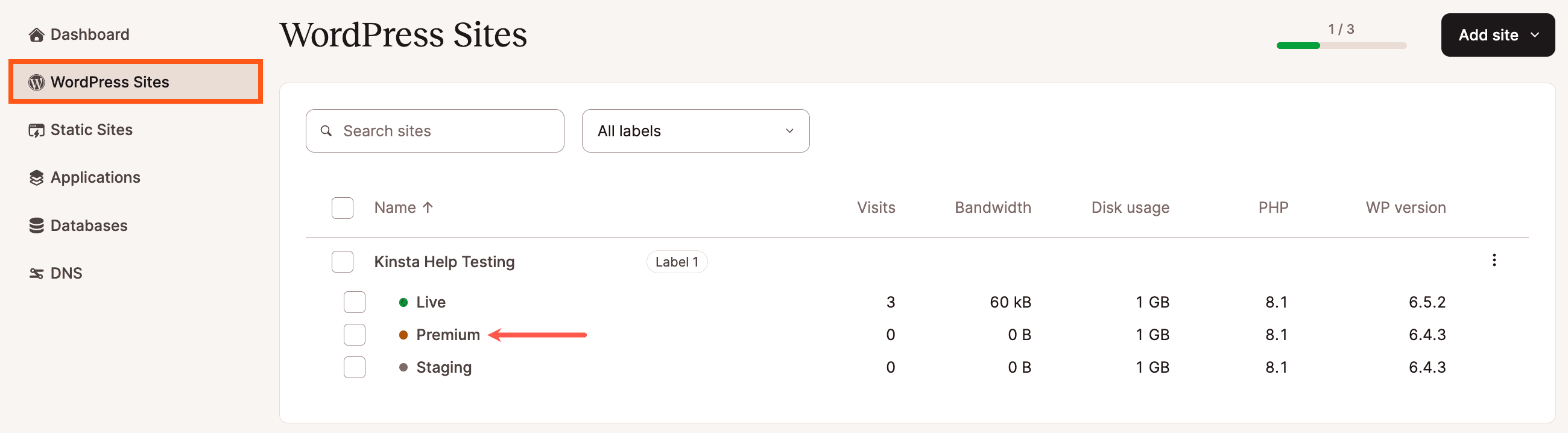 Ga naar de testomgeving vanuit WordPress Sites.