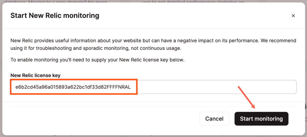 Add your New Relic license key in MyKinsta.