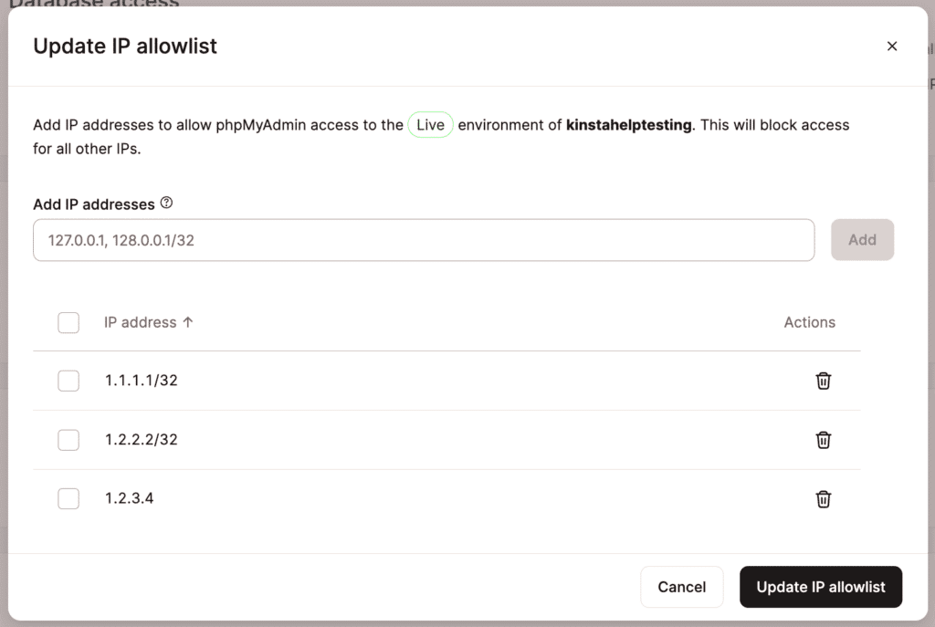 Update the IP allowlist for the database.