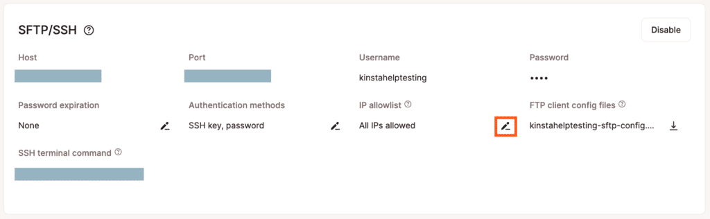 Especifica qué direcciones IP pueden acceder al entorno mediante SFTP/SSH.