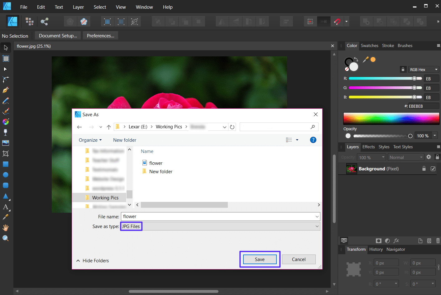 « Enregistrer sous » dans Affinity Designer