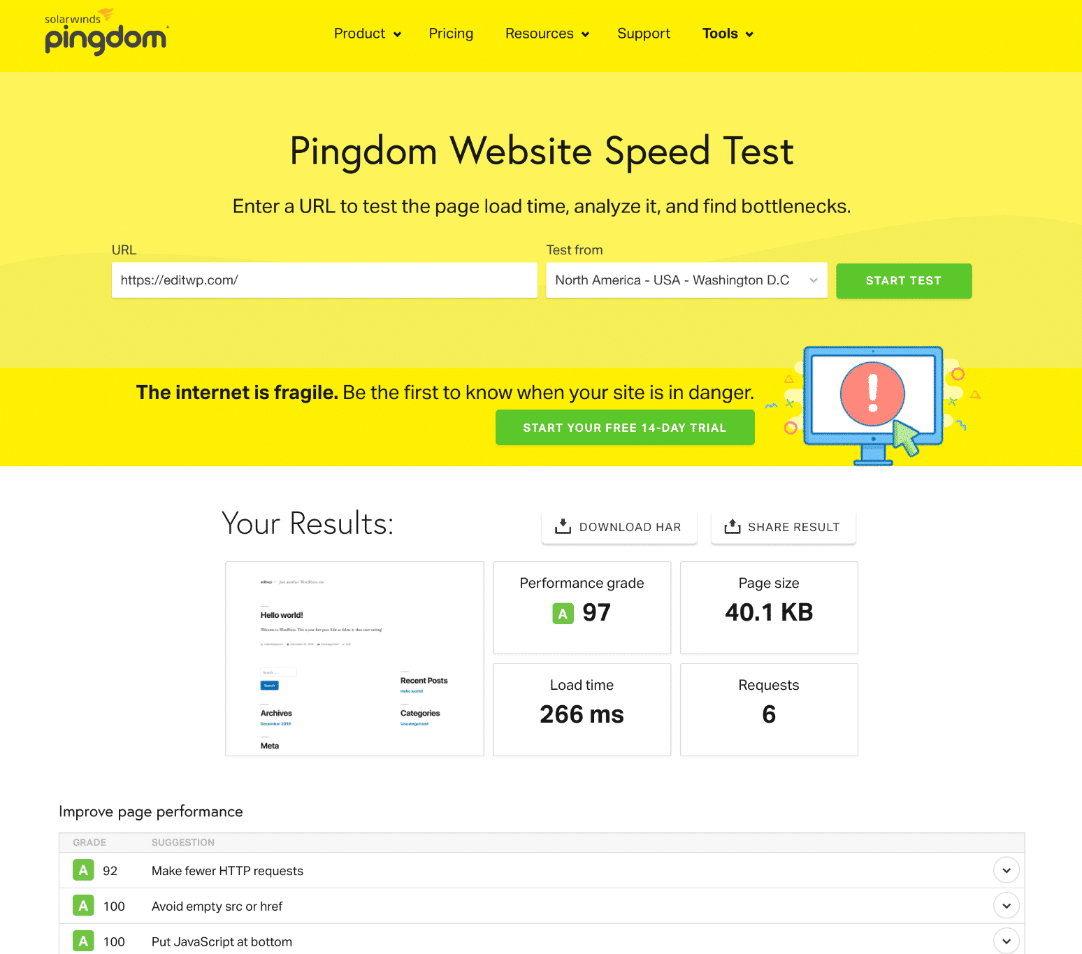 PingdomのWebsite Speed Test