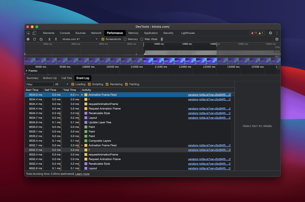 The Inspect Element's Event Log. Le journal d’événement de l’outil Inspecter l'élément.