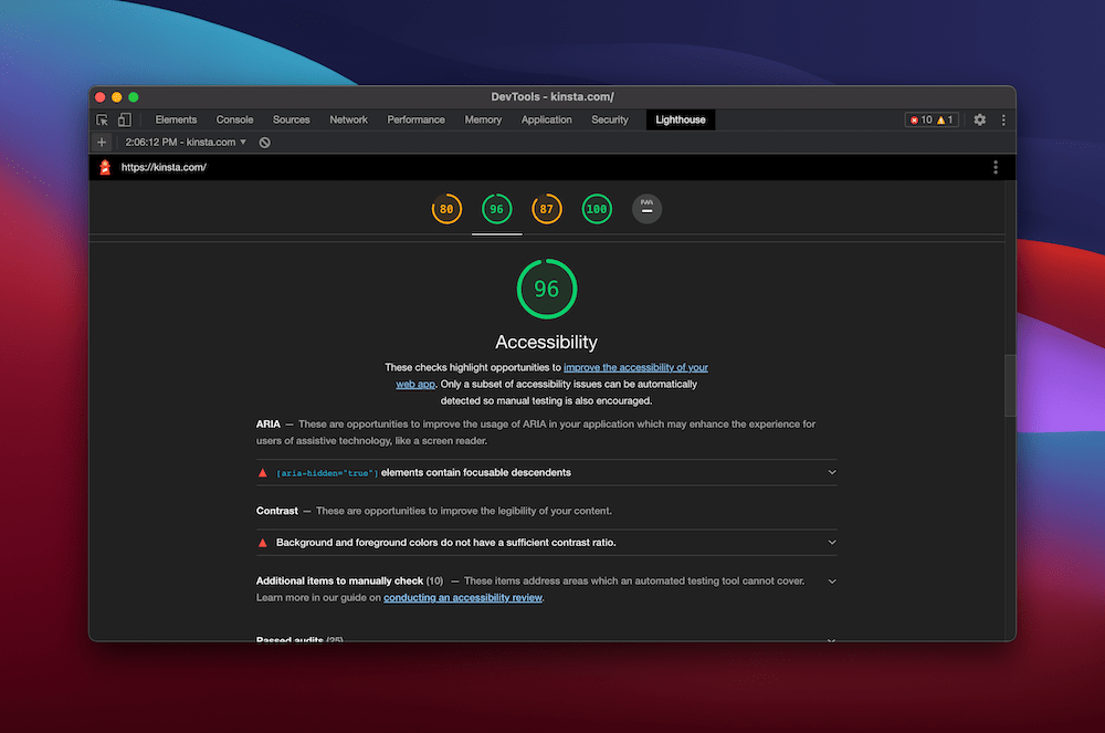 A built-in Google Lighthouse report. Un rapport intégré de Google Lighthouse.