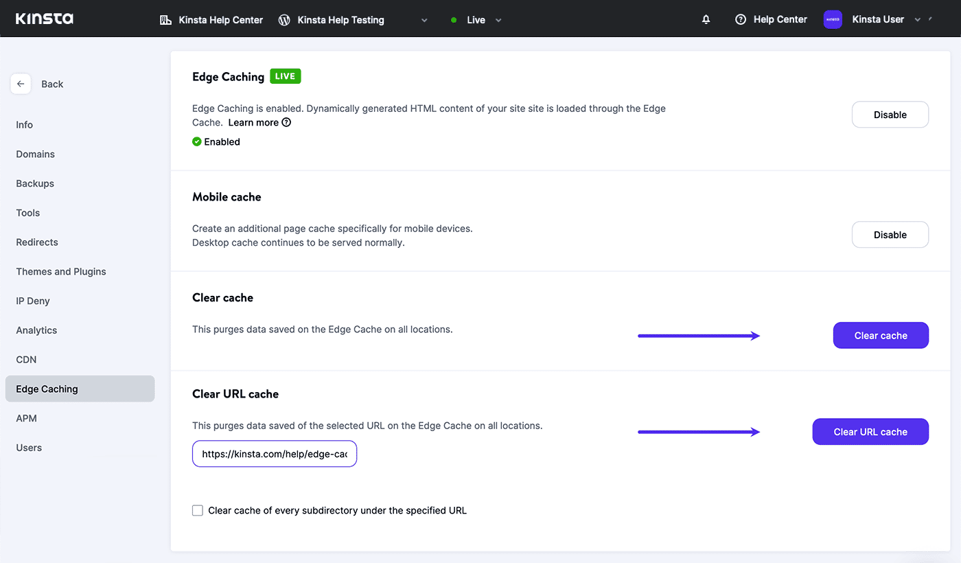 Screenshot: Löschen der Caches in MyKinsta.