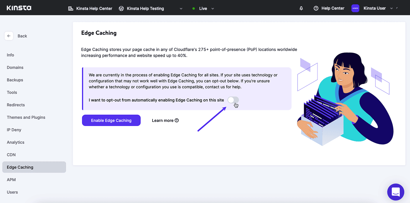Screenshot: Deaktivieren des Edge-Caching in MyKinsta.