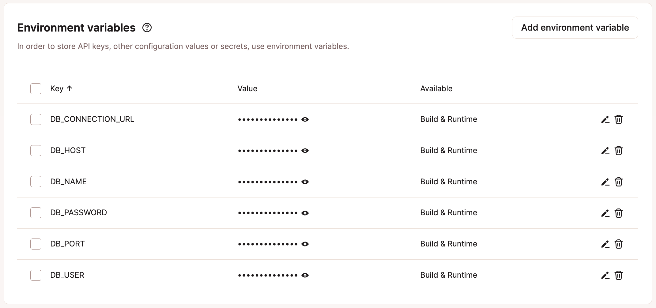 Variables de entorno para tu aplicación.